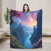 Castle On A Cliff With Pink Flowers And A River Under A Starry Sky Printed Blanket Anti-Shedding Fleece Grip Blanket 330GSM Thickened Blanket Bedroom Sofa Travelling_00001_ - Picture Color - View 1
