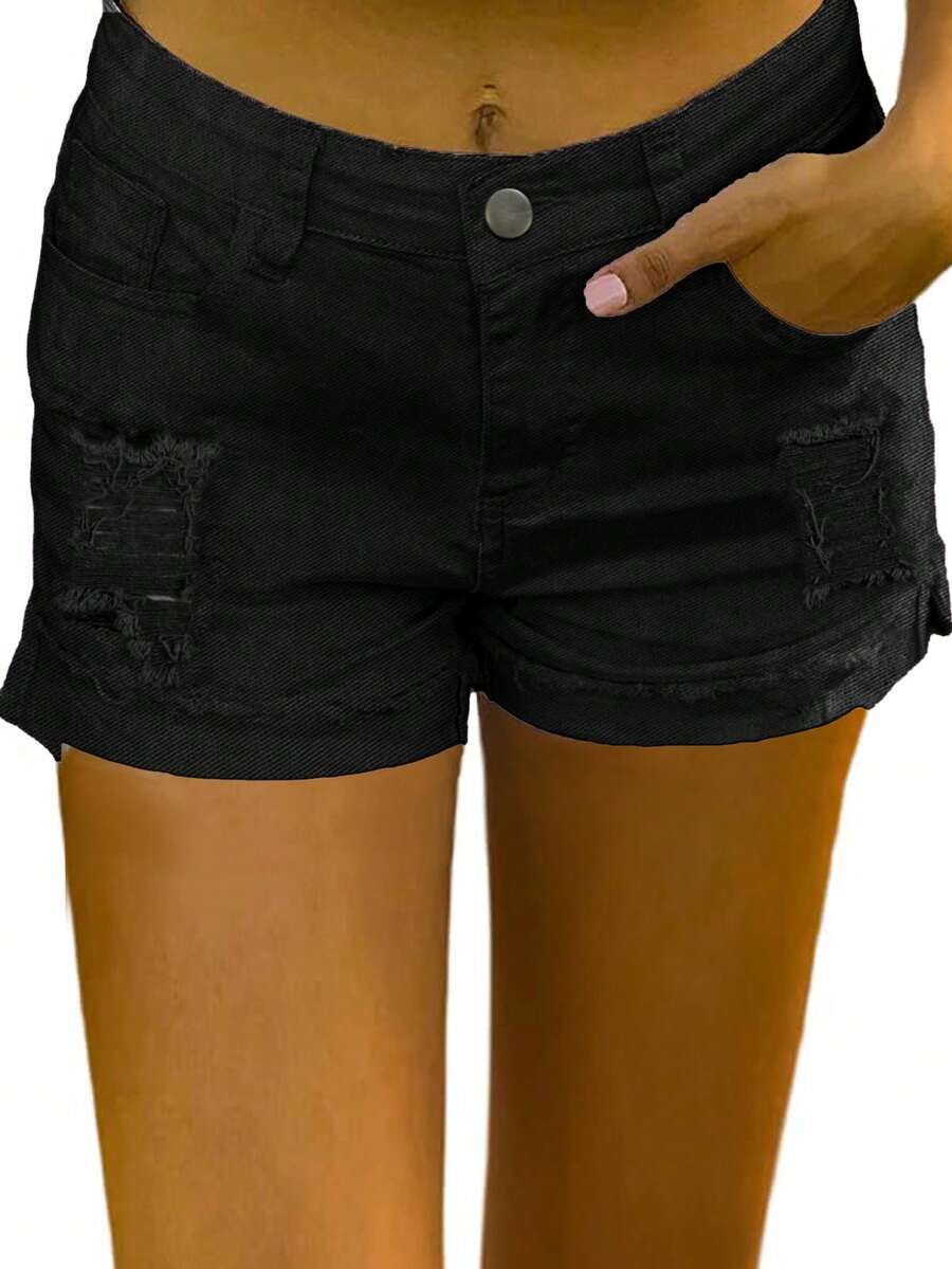 Women's Distressed Loose Retro Style Pocket Denim Shorts - Black - View 1