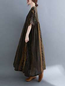 Top, 2025 Lato Nowa Czeska Pasiasta Sukienka Casualowa, Sukienka Damska, Codzienna Odzież Damska Plus-Size, Damska Plus-Size Luźna Sukienka Vintage Okrągły Dekolt I Rękawy Duży Swing Luźny