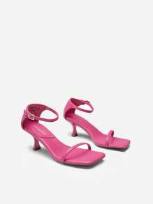 Women Kitten Heels Low Heeled Sandals Fashion Square Open Toe  Ankle Strap Party Prom Dress Shoes - Màu Hồng Tươi - Xem 6