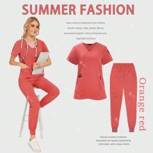 Women Scrub Set Medical Nurse Uniform Workwear Clinical Scrubs Top Pants Spa Doctor Nursing Suit - 42025LW-Màu đỏ cam - Xem 2