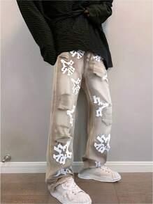 Teenagers' Fashionable Embroidered Straight Leg Jeans - Khaki - View 1