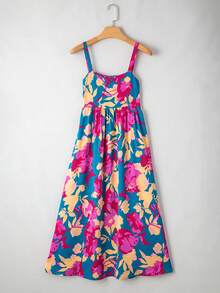 Acelitt Navy Blue Ditsy Floral High Waist Sleeveless Flare Maxi Dress - Multicolor - View 5