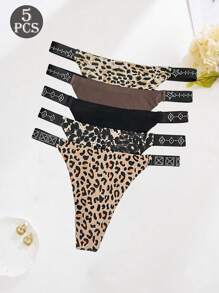 5 件女式低腰豹纹纯色无缝水钻装饰性感、舒适、优雅、成熟、迷人的女士丁字裤，法式风格