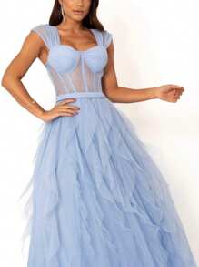 Dress For Weddings And Events With Corset And Flared Skirt. - Royal Blue - View 2