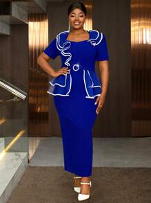 Plus Size Long Blue Dresses Asymmetrical Ruffles White Color Blocking Peplum Belly Hide Curve Party Wedding Guest Cocktail Dress - Blue - View 2