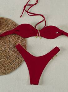 Nuevo bikini sexy de mujer con escote halter y estrellas de mar en color rojo, de estilo casual europeo y americano, adecuado para la playa, vacaciones, fiestas y citas en primavera/verano - Rojo - Ver 2