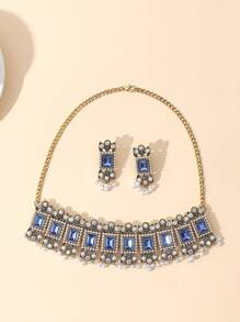 European And American Retro Exaggerated Bohemian Rhinestone Faux Pearl Beaded Square Gem Choker Necklace & Tassel Earrings 3-Piece Set