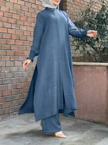 2 pièces Ensemble Casual: Top Cardigan unicolore Col Rond et Pantalon Long à Taille Élastique, Tenue Élégante pour Jardin, Trajet, Travail, Printemps/Été/Automne, Modeste
