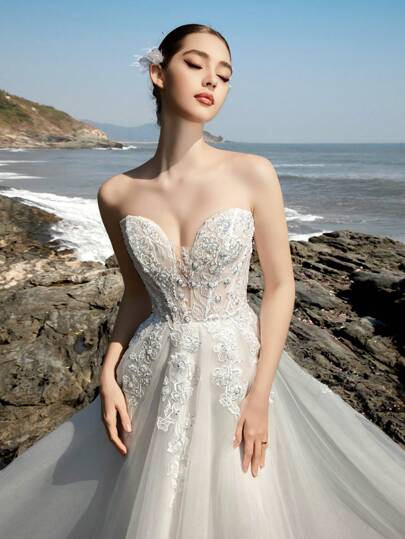 Elasola Abito da sposa elegante da donna bianco in stile Bridgerton, con applicazioni di pizzo a rete, scollo a spalle scoperte, adatto per matrimoni