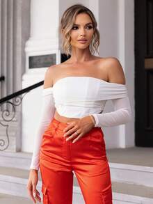Sexxy Off-The-Shoulder; Elegant Design Sense Asymmetrical Slim-Fitting Slimming Off-Shoulder Long-Sleeved Top - White - View 4