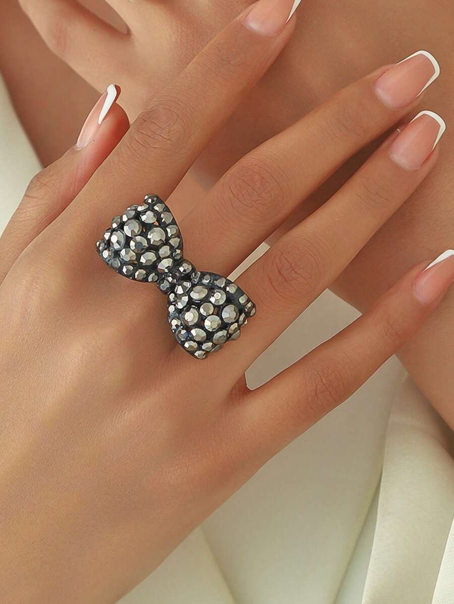 1pc Dark Gothic Rhinestone Bowknot Open Ring - Bright Black - View 1
