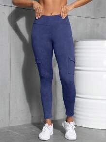 Women's Outdoor Cargo Leggings, Cargo Pockets Lift Butt Tight Pants, Sports Exercise Skinny Tights - Dusty Blue - View 3