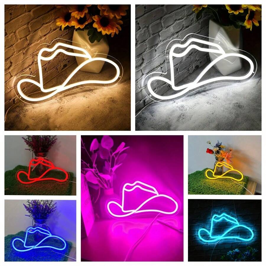 1 pieza Señal de neón de sombrero vaquero, decoración de pared con alimentación USB para bares, dormitorios, decoración de bodas, salas de estar, señales de neón para pared y decoración de mesa con luz - sombrero de vaquero - Ver 1