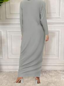 Ramadan Round Neck Casual Solid Color Maxi Loose Flowy Fit Abaya Dress, Minimalist Style Long Sleeve Robe, Suitable For Spring Summer Autumn, Modest - Grey - View 2