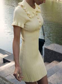 Women's Knit Short Dress Solid Color Ruffled Lapel Neck Short Sleeve Button Front Bodycon Dress For Summer - Yellow - View 2