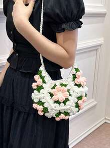 [Producto Terminado] Bolso bandolera pequeño con parches de flores esponjosas a doble cara, monedero dulce hecho a mano de ganchillo y tejido, para teléfono y monedas, accesorios