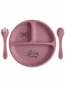 PopLittleOne 3件装婴儿硅胶餐具套装宝宝卡通图案餐具软勺叉吸盘喂食训练婴儿食物储存