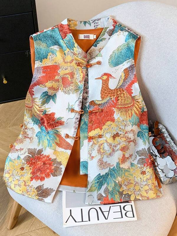 Spring Vintage Chinese Style, Orange Phoenix Printed, Random Print, Daily Vest Cardigan, For Chinese Newyear Hanfu Tops