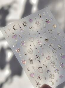 1片金色图腾和粉色爱心美甲贴纸，极光全息美甲贴花，用于美甲设计，水钻，5D自粘，女士美甲配件，美甲美学 - 彩色 - 查看 3