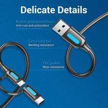 Cable de teléfono VENTION Cable USB 2 en 1 de carga rápida de 60 W, cable de datos USB A a Micro-B/USB-C de 3 A y 480 Mbps, material de TPE y PVC compatible con Samsung Galaxy S10 S9 Plus, bancos de energía, Android, tabletas, portátiles, HDD, primer cable de carga múltiple compatible con iPhone, , OnePlus, Samsung Galaxy S7/HTC, Android, Kindle, , cámara, MP3 Tipo C, Micro-USB - Negro - Ver 10