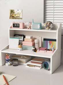 1 pieza Estantería vertical de escritorio de madera blanca y plástico, organizador de mesa para dormitorio, sala de estar, oficina y dormitorio para libros, papelería, figuras, computadoras y otros artículos