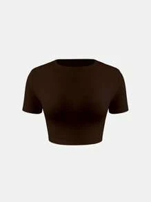 XLLAIS Small Round Neck Short Sleeve Fitted Sport T Shirt Cooling Layer Cute Summer Crop Tops 2025 - Dark Brown - View 9