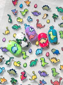 Pegatinas populares y lindas de dinosaurios de diferentes colores y variedades de dinosaurios de dibujos animados para decorar las uñas en el salón de belleza