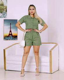 Linen Set - Coat And Shorts With  Style - Màu xanh lá cây đậm - Xem 2