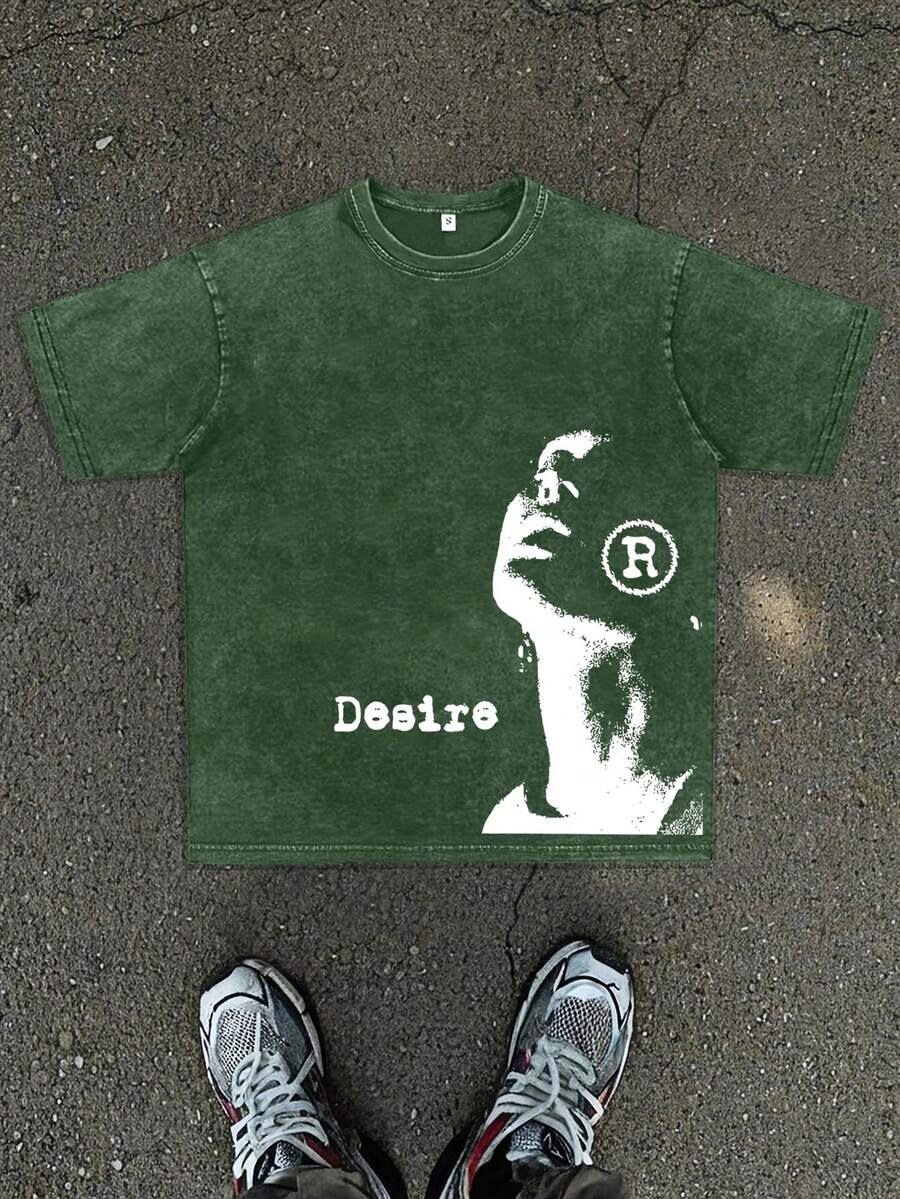 Hemo 男士宽松街头风做旧印花圆领T恤 - 灰色 - 查看 1