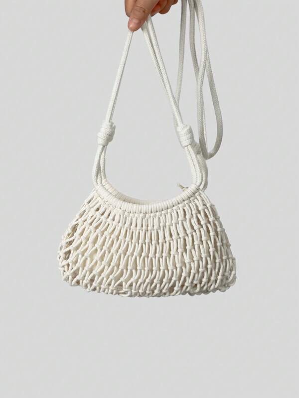 حقيبة كتف وحقيبة متقاطعة للشاطئ للصيف والإجازات، مصنوعة من حبال نسيج مجوف ومضفرة ناعمة، مع جيوب شبكية