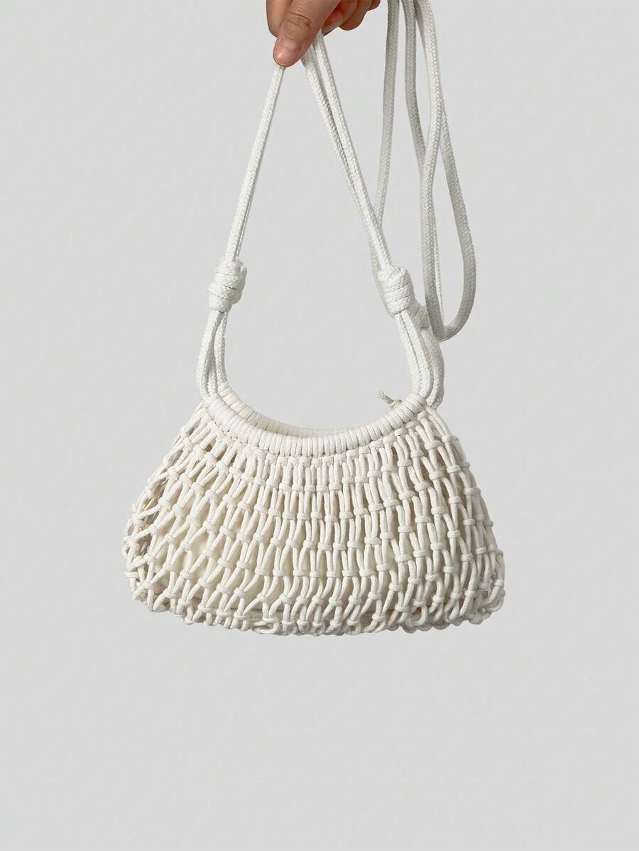 حقيبة كتف وحقيبة متقاطعة للشاطئ للصيف والإجازات، مصنوعة من حبال نسيج مجوف ومضفرة ناعمة، مع جيوب شبكية