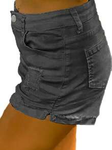 Women's Loose Vintage Style Distressed Denim Shorts With Pockets - Dark Grey - View 5