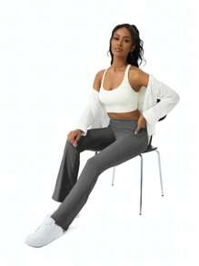 1pc Plus Size Women Flared Sports Pants, Slimming Fashionable High Waist Fitted Yoga Leggings With Pockets, Casual Tights