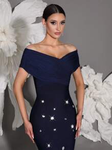 Off Shoulder Handmade Beaded Bodycon Bandage Dress, Sexy & Fitted, Suitable For Family Gatherings, Parties, Banquets, Formal Occasions - Royal Blue - View 4
