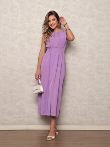 Elegant Women's Crepe Dress - Fitted Waist, Discreet Neckline And Loose Skirt - Ideal For Formal And Casual Events - 紫丁香色 - 查看 5