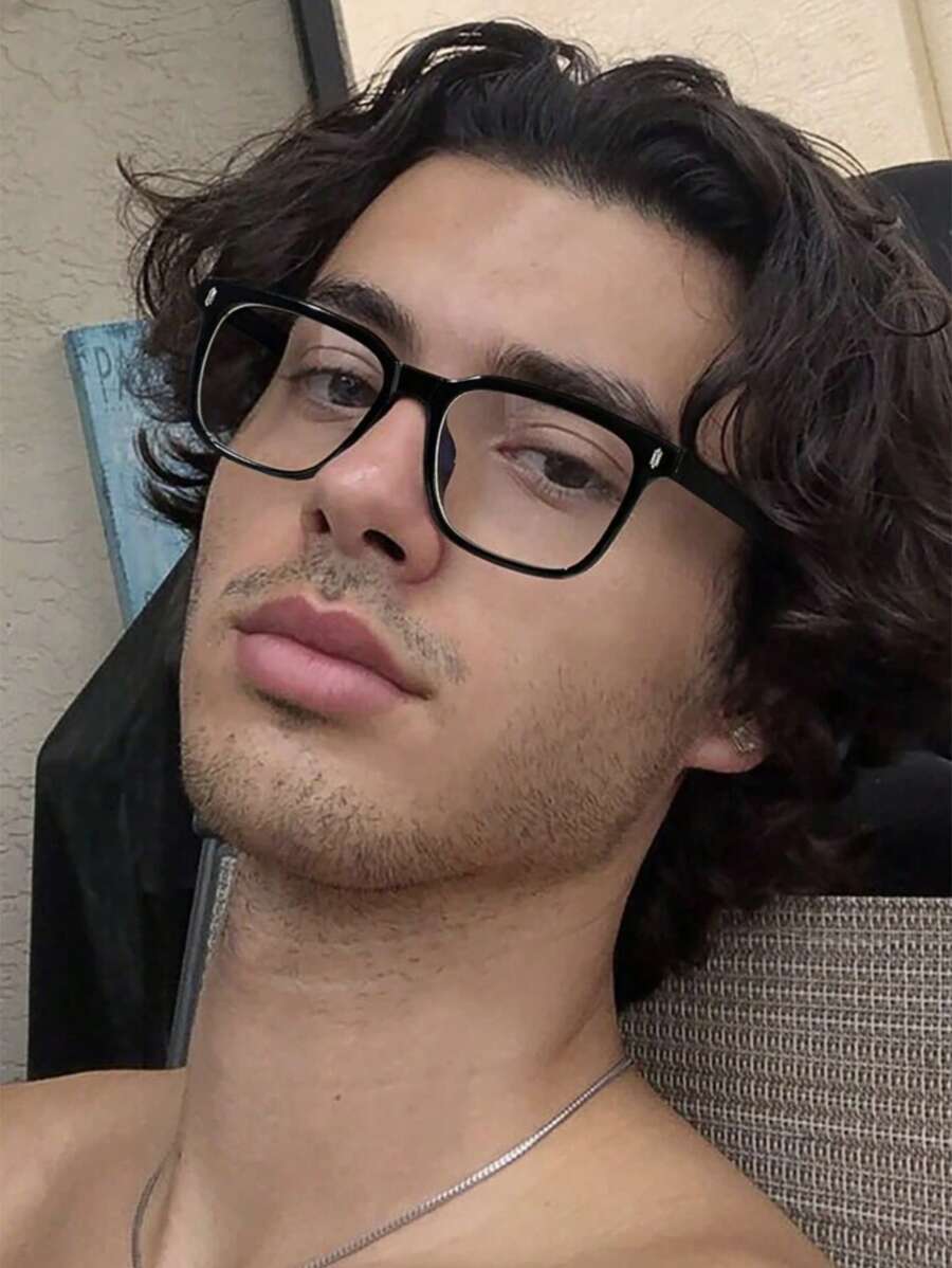 1 Pair Men's Gradient Square Rivet Flat Frame Glasses, Japanese Korean Fashion Style, Suitable For Daily Commute, Campus, Wedding Season - Black - View 1