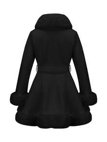Women's Detachable Belted Coat With Faux Fur Trim For Warmth And Style In Autumn And Winter Fashion - Black - View 3