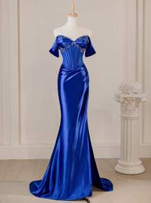 Elegante vestido de noche de sirena con hombros descubiertos, corsé y abertura lateral de lujo para mujeres - azul real - Ver 1
