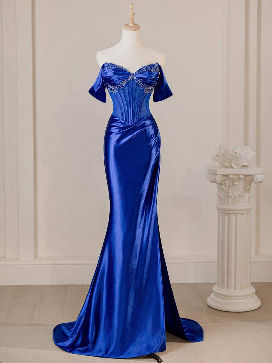Elegante vestido de noche de sirena con hombros descubiertos, corsé y abertura lateral de lujo para mujeres - azul real - Ver 1