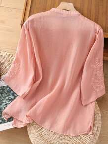 Women's Solid Color Embroidery Casual Loose Linen Blouse, Spring/Summer - Pink - View 4