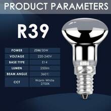 2X R39 E14 25W Lava Lamp Bulbs 240V, Small Edison Screw SES Reflector Spot Lava Lamp Bulbs Dimmable, SES Warm White 2600K Energy Saving R39 Spotlight Halogen Bulbs (Silver Base).