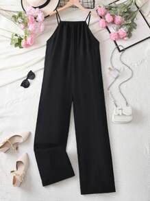 1pc Teenager Wide-Leg Jumpsuit, Loose Fit, Sleeveless, With Hidden Pockets, Versatile