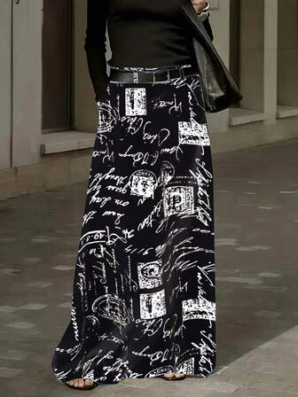 [Geometric Print] Plus Size Midi Skirt, 1pc, Polyester A-Line, Geometric Print, Pockets, Suitable For All Seasons