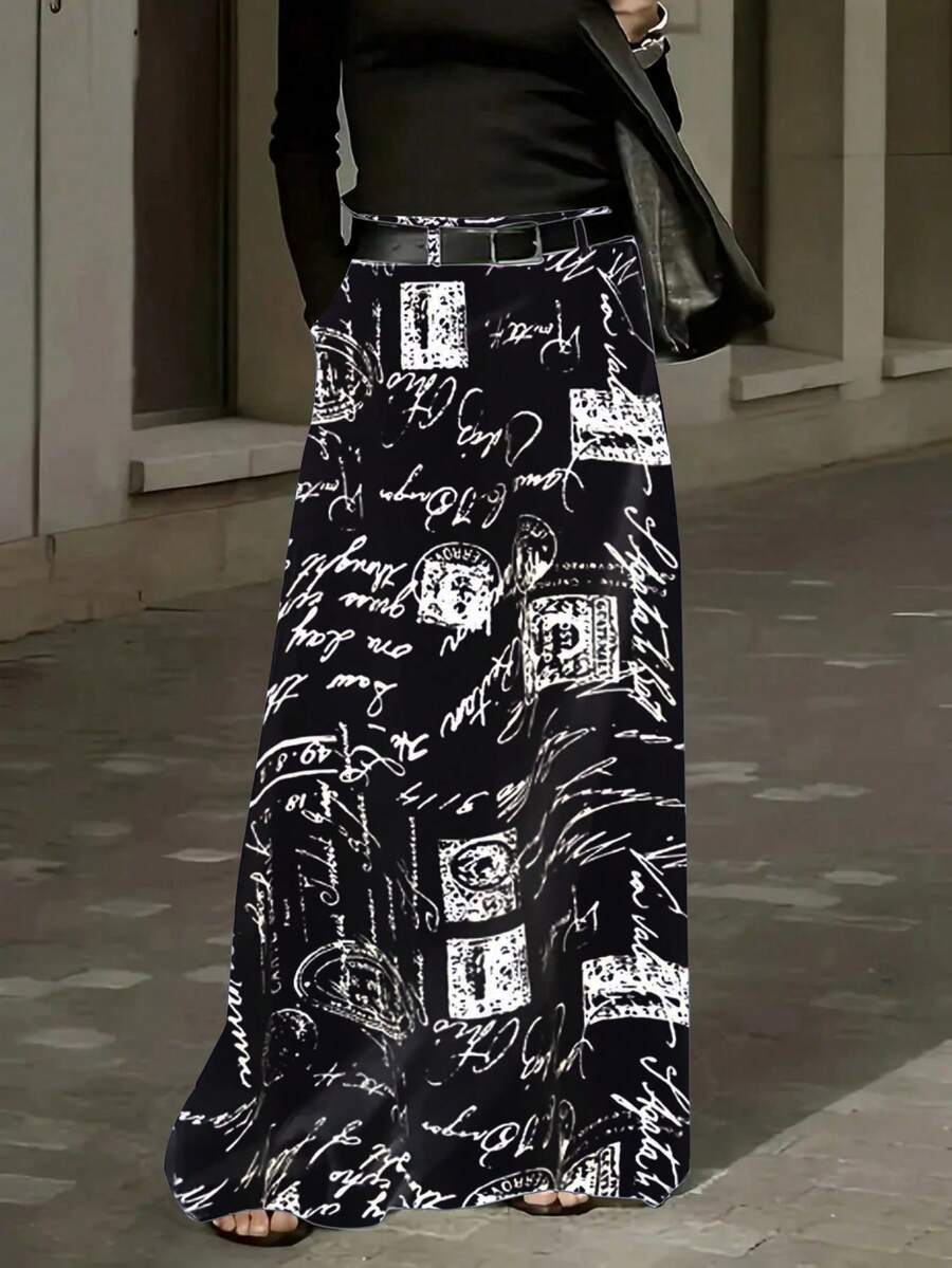 [Họa tiết hình học] Chân váy midi cỡ lớn, 1 chiếc, chất liệu polyester, dáng chữ A, họa tiết hình học, có túi, phù hợp cho mọi mùa, màu đen, thích hợp cho kỳ nghỉ xuân. - màu đen - Xem 1