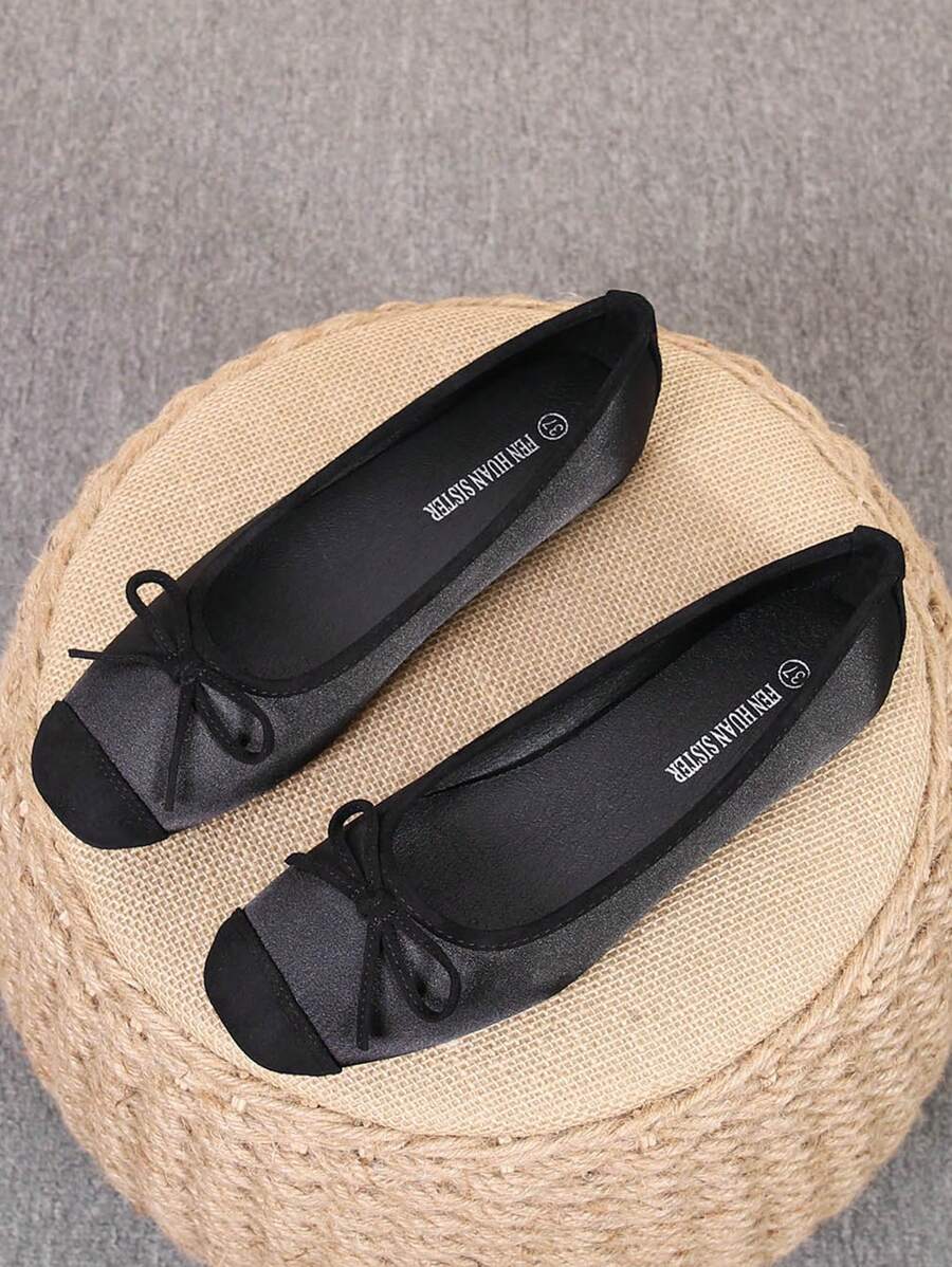 Women's Ballet Flats, Fashionable Square Toe Slip-On Soft Bottom Shoes, Versatile Flat Shoes, Black Flat Bowknot Loafers, Order One Size Up