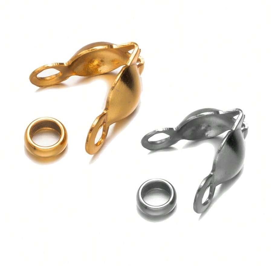 100 Stücke/Los Edelstahl Quetschperlen Kappen Knoten-Abdeckungen Muschel Umklapp-Perlen-Kappen mit Endkappen für Schmuckherstellung Kunsthandwerk DIY