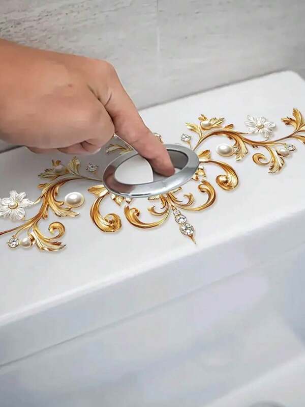 1 Stück goldfarbener geprägter Blumen-Wandaufkleber, abnehmbarer PVC-Aufkleber für Bad, Toilette-Deckel Badezimmer-Accessoires