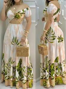 Women's Holiday Casual Tropical Print Off Shoulder Twist Hollow Midi Dress - Green - View 2