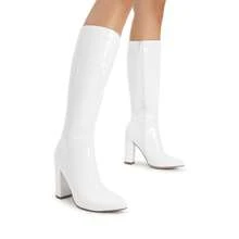 Women's Knee-High Boots, Comfortable Chunky Block Heel Pointed Toe Pull On Side Zipper Suede Slouch Riding Boots - White - View 7